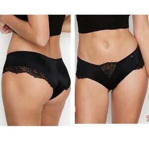 Victoria Secret Smooth Cheeky Panty Lace Inset Black Silky Gold V Charm L XL